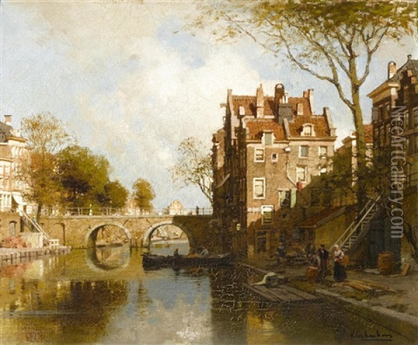 A Dutch Canal Scene Oil Painting - Johannes Christiaan Karel Klinkenberg