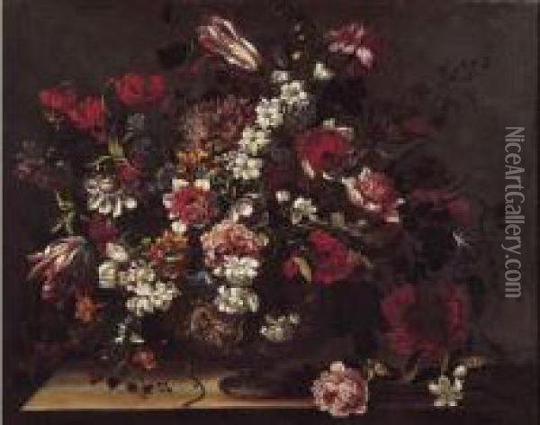 Bouquet De Fleurs Dans Un Vase Sculpte. Oil Painting - Nicolas Baudesson
