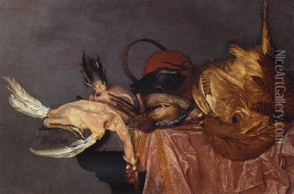 A Bittern, A Jay And Other Dead Game Birds On A Draped Table Oil Painting - Philips Angel