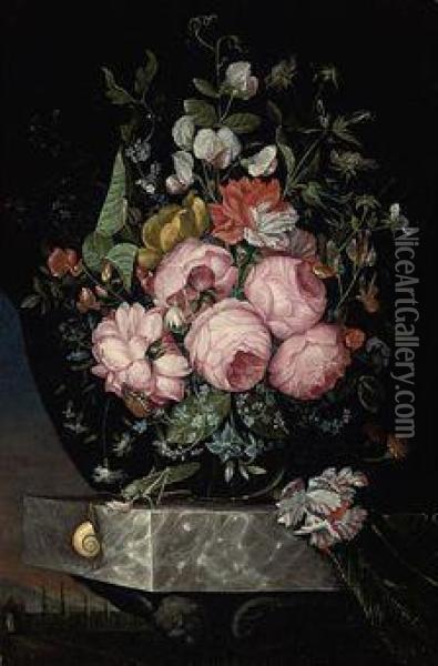 Roses, A Parrot Tulip, Carnations And Other Flowers In A Glass Vaseon A Marble Ledge With A Snail, A Beetle And A Cricket Oil Painting - Ottmar The Elder Elliger