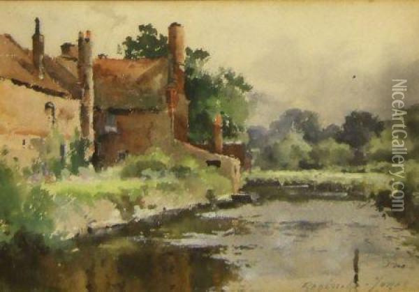 River Scene With Cottages Oil Painting - Reginald T. Jones