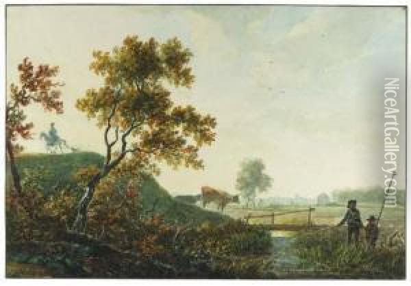 Fishermen By A Bridge Over A Ditch, Cows And A Horseman On A Risenearby Oil Painting - Lievine Teerlink
