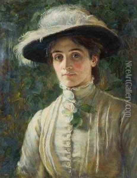 Portrait Of A Lady, Half Length, Wearingfeathered Hat Oil Painting - Mary Lemon Waller