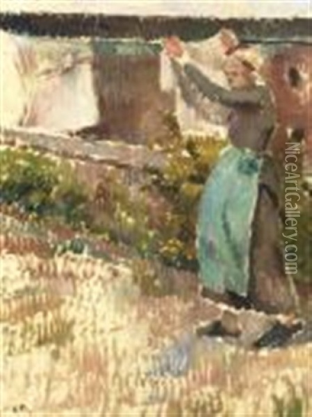 Femme Etendant Du Linge (eragny) Oil Painting - Camille Pissarro