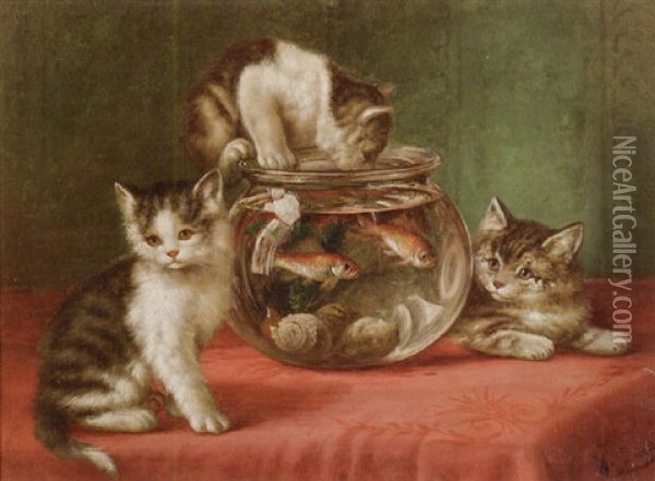 Mischievous Kittens Oil Painting - August Laux