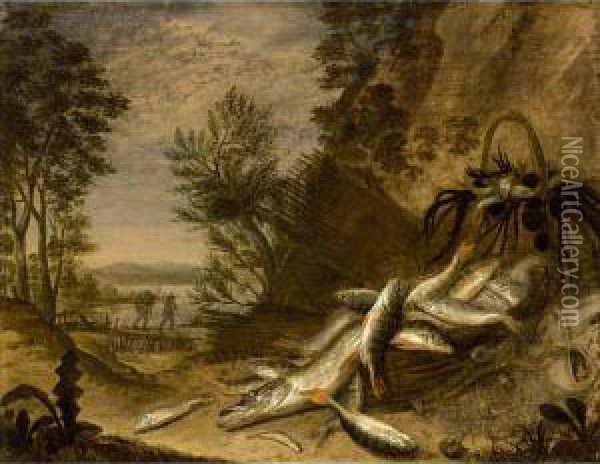 A Pike, A Carp And Other Fish In A Landscape With Baskets And Fishing Nets Oil Painting - Jakob Gillig