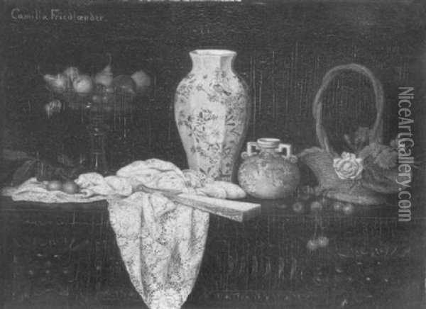 Still Life With Fruit, Vase, And Lace Tablecloth Oil Painting - Camilla Edle von Malheim Friedlaender