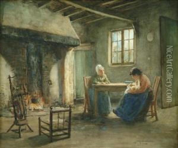 Cottageinterior With Figures And Baby Oil Painting - James Riddel