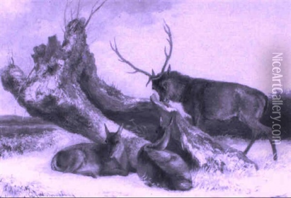 Deer In A Snowy Landscape Oil Painting - Guillaume Anne Van Der Brugghen