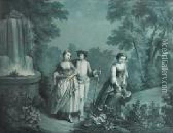 A Pair Of Lovers Beside An Ornamental Waterfall And A Maid Watering Plants Oil Painting - Nicolas Lancret