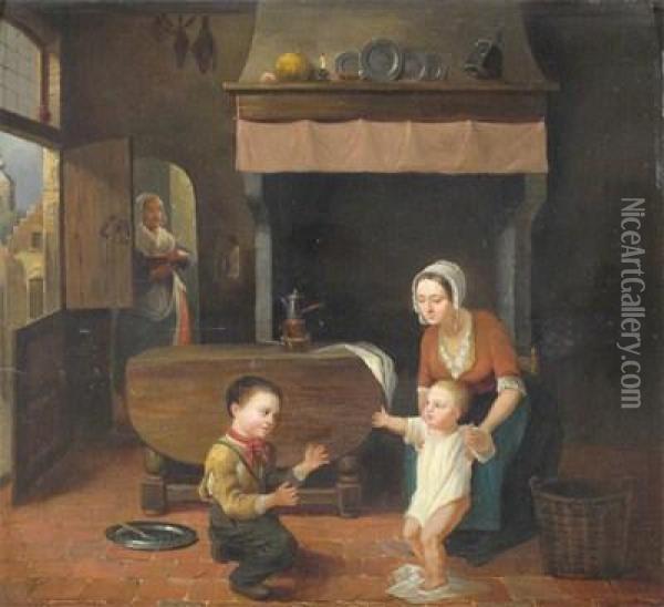 A Mother And Children In An Interior Oil Painting - Constantin Fidele Coene