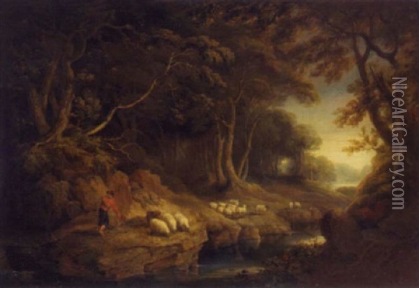 A Wooded Landscape With A Shepherd Boy With His Shep By A Stream Oil Painting - Thomas Roberts