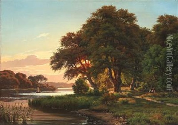 Romantic Landscape At Sunset Oil Painting - Carsten Henrichsen