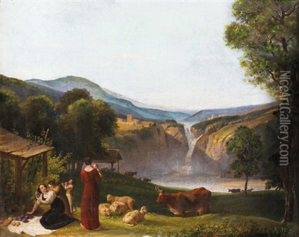 Zwei Mutter Mit Kindern Vor Heroischer Landschaft Mit Wasserfall Oil Painting - Friedrich Philip Reinhold