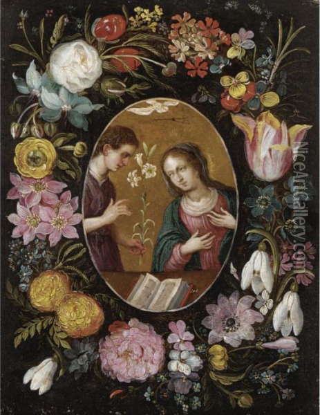 The Annunciation Surrounded By A Garland Of Flowers Oil Painting - Frans II Francken
