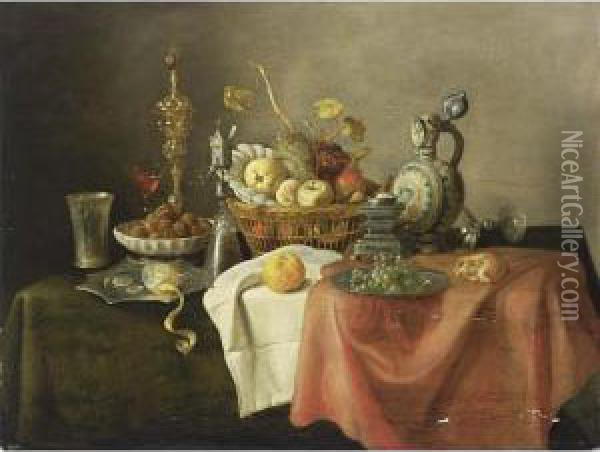 A Sumptuous Still Life With A 
Silver-gilt Beaker, A Lemon On A Silver-gilt Pointed Dish, Walnuts In A 
Porcelain Bowl, A Silver Gilt Cup With Cover, A Silver-gilt Mill Glass, A
 Quince, An Apple, A Peach, Grapes, And Oranges In A Basket Together 
Wit Oil Painting - Cornelis Mahu