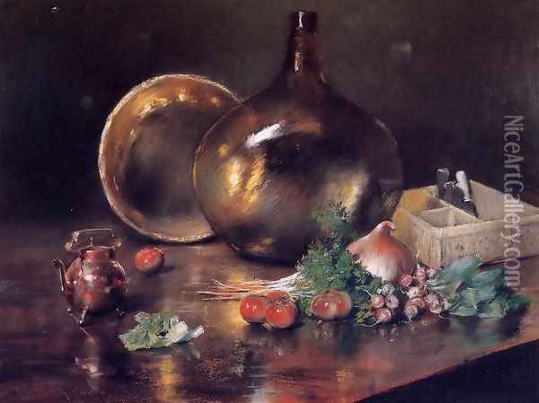 Still Life (Brass And Glass) Oil Painting - William Merritt Chase