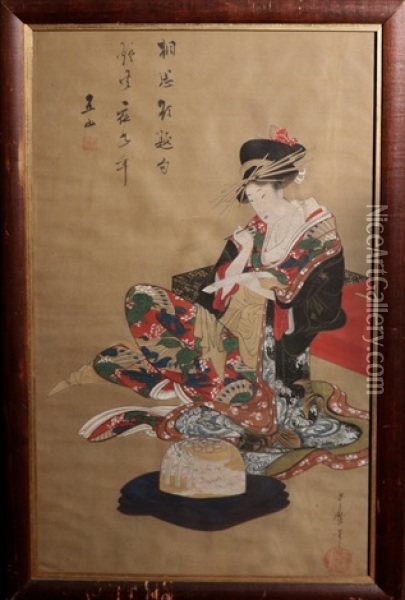 Rare Ukiyo-e Painting On Silk Signed By Litagawa Utamaro - Albert Gallatin Estate Oil Painting - Utamaro Kitagawa