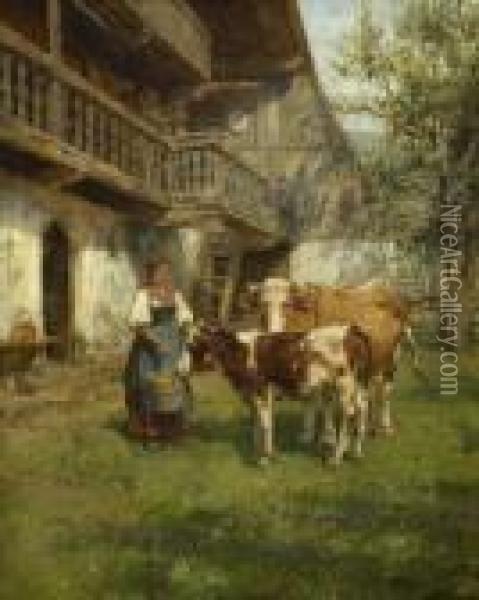 Magd Mit Kuh Und Kalb Vor Dem
 Bauernhaus. Oil Painting - Karl Stuhlmuller