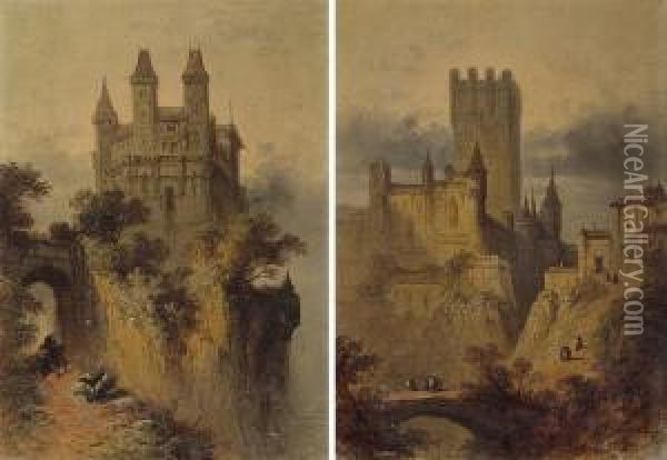 Lotto Di Due Dipinti: <castello Con Un Ponte> E <borgo For- Oil Painting - Henry John Foley