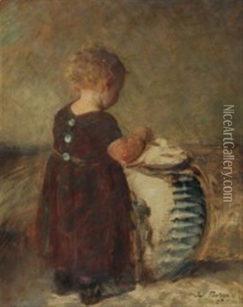 A Little Girl By A Vase Oil Painting - Julius Paulsen