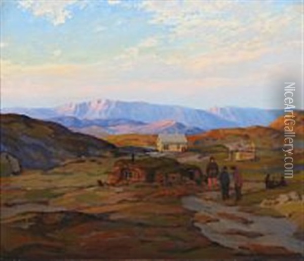 A North Greenlandic Settlement, Vaigattet Oil Painting - Emanuel A. Petersen