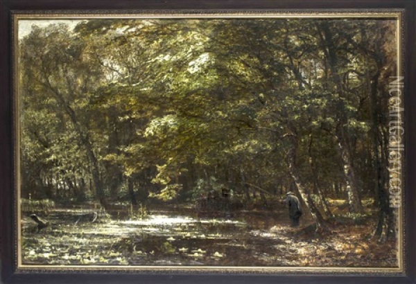 Grose, Impressionistische Waldlandschaft Mit Angler Oil Painting - Carl Rodeck