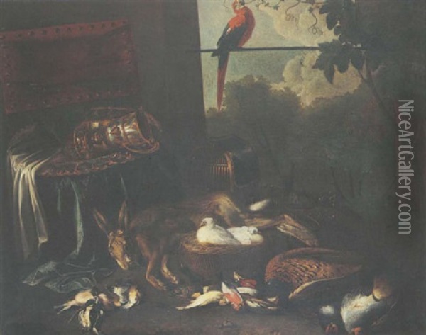 Nature Morte Au Gibier, Pieces D'orfevrerie Et Perroquet Oil Painting - Pieter Boel