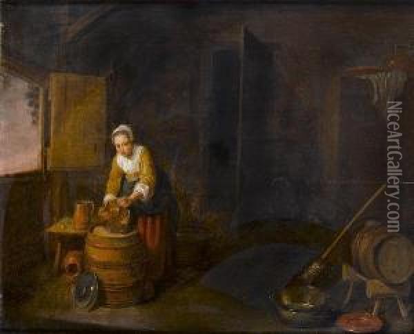 A Cottage Interior With A Woman Cleaning A Copper Pot Oil Painting - Hendrick Maertensz. Sorch (see Sorgh)