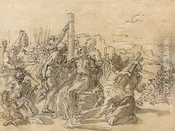 A Scene of Martyrdom with a Saint seated on a Pyre, and monks being decapitated in the background Oil Painting - Giovanni Battista (Baciccio) Gaulli