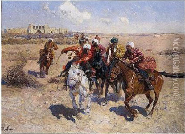 Charging Tajik Horsemen Oil Painting - Franz Roubaud