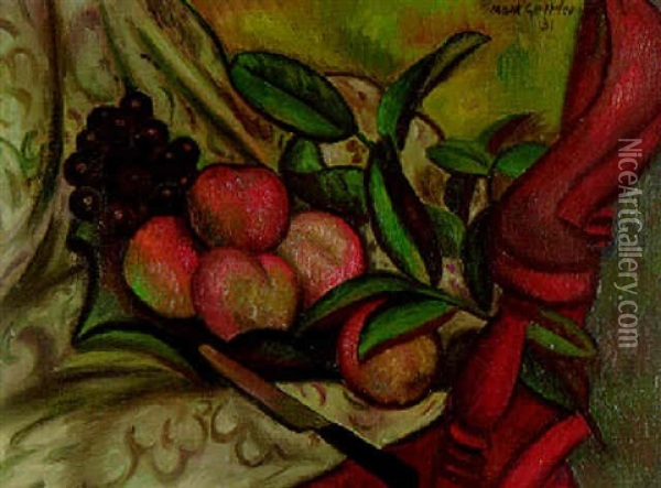 Still Life With Peahces And Grapes On A Chair Oil Painting - Mark Gertler