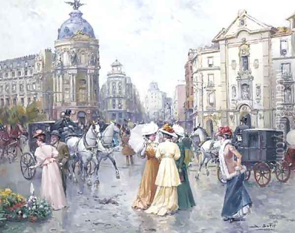 A busy day, Gran Via, Madrid Oil Painting - Joan Roig Soler