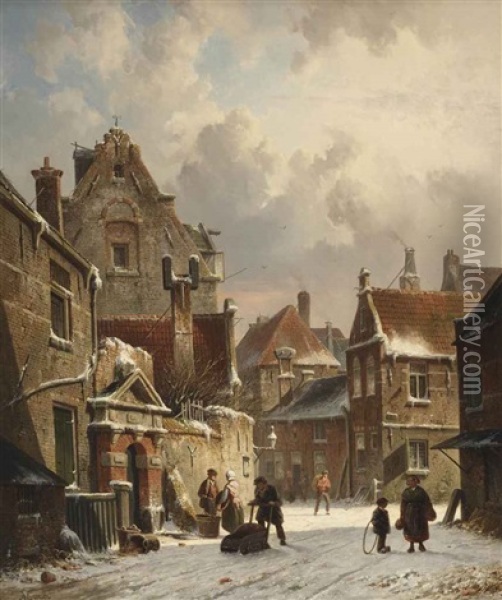 Towns People On A Snow-covered Street Oil Painting - Adrianus Eversen