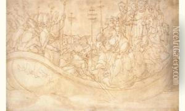 Un Pape Entoure D'eveques Et De Cardinaux Sur Une Barque Oil Painting - Bernardo Castello
