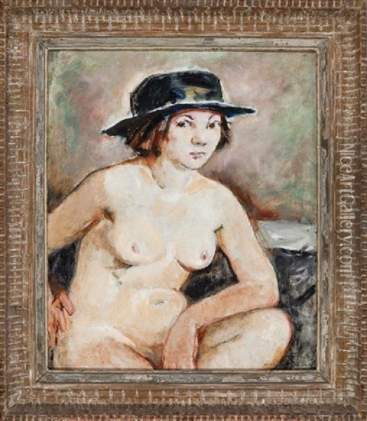 Young Nude Woman In A Hat Oil Painting - Anne Wilson Goldthwaite