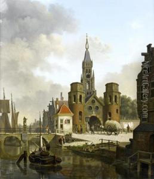 Figures In A Canalside Town Oil Painting - Jan Hendrik Verheijen