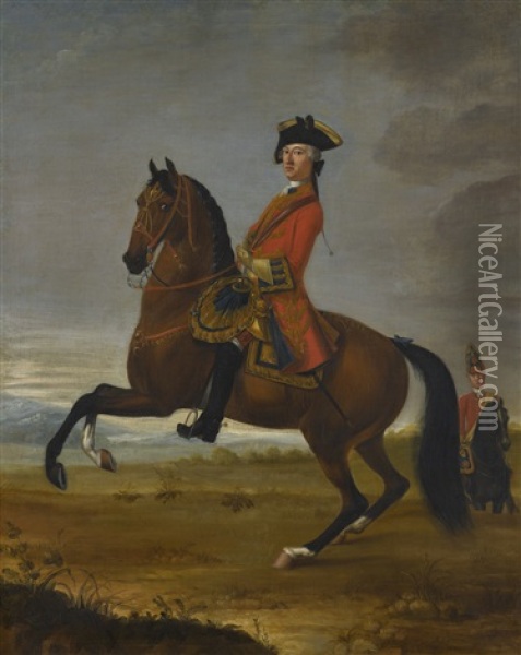 An Equestrian Portrait Of An Officer Of The 1st Troop Of Horse Grenadier Guards On A Bay Charger, With A Trooper To The Right Oil Painting - David Morier