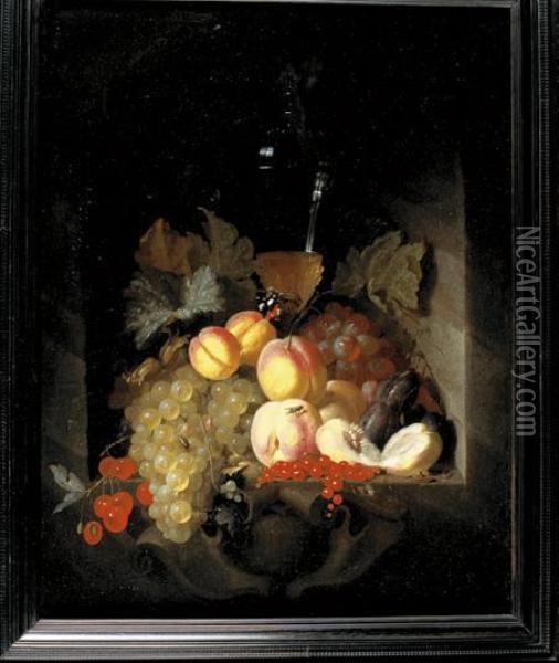 Nature Morte Aux Peches, Raisins Et Cerises Dans Une Niche Oil Painting - Johannes Hannot