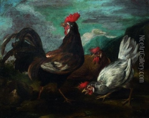 Coq Et Deux Poules Dans Un Paysage De Montagne Oil Painting - Francesco Londonio