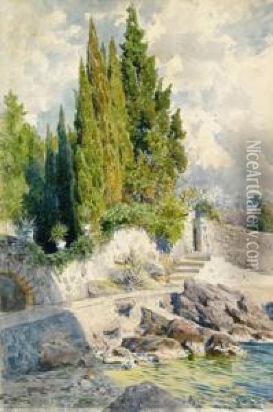 Riva Del Mare Con Cipressi Oil Painting - Ludwig Hans Fischer