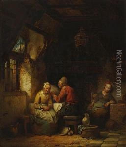 Peasants In An Interior Oil Painting - Ferdinand de Braekeleer