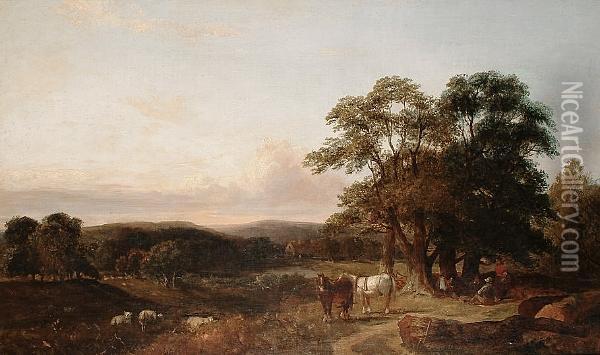 Figures And Horses Resting In A Landscape Oil Painting - Henry Charles Woollett