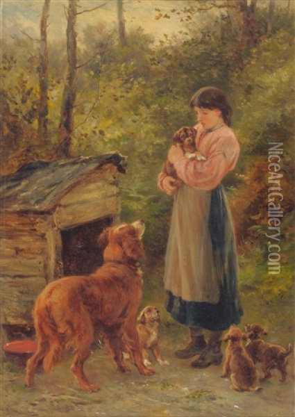 Setter & Puppies Oil Painting - James Hardy Jr.