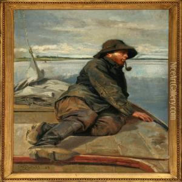 A Fisherman On His Boat Oil Painting - Emmery Rondahl