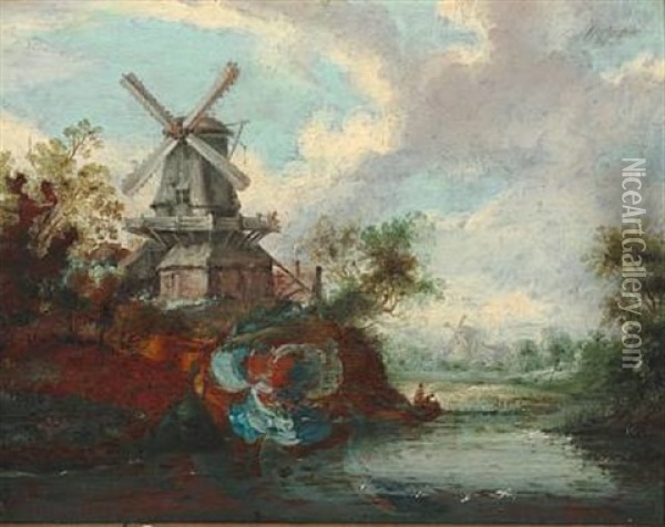 Landscapes With Mills And Castle Ruin At A River (pair) Oil Painting - Anthony Jansz van der Croos