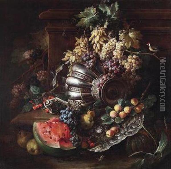 A Still Life Of Fruit With A Vase Oil Painting - Tommaso Realfonso