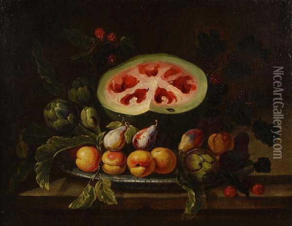 A Still Life With Watermelon And Peaches Oil Painting - Giovan Battista Ruoppolo