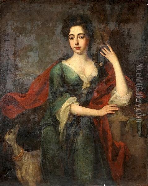 A Portrait Of A Lady, 
Three-quarter Length, Leaning On A Balustrade, With A Dog At Her Feet Oil Painting - Sir Godfrey Kneller