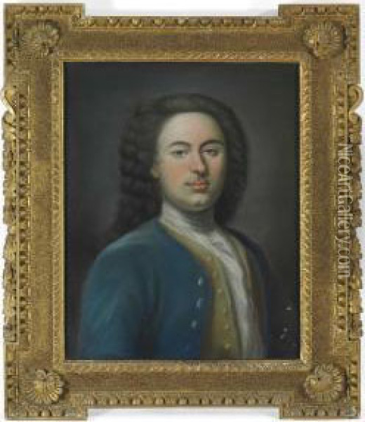 Portrait Of A Gentleman, Half-length, In A Blue Coat And Yellow Waistcoat Oil Painting - Arthur Pond